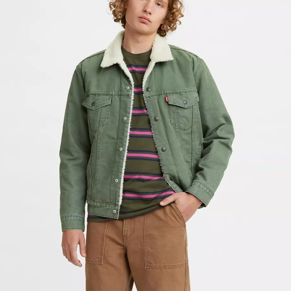 Levi's Canvas Sherpa Trucker Jacket -- Small, Green/Thyme